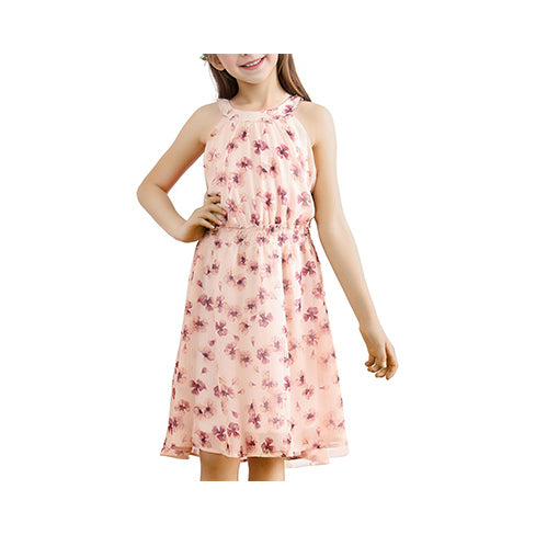 V.&GRIN Easter Dress for Girls, Spring Cute Floral Neck Halter Chiffon Flowy Dress Outfit for Tweens