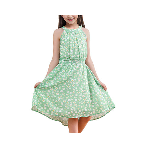 V.&GRIN Easter Dress for Girls, Spring Cute Floral Neck Halter Chiffon Flowy Dress Outfit for Tweens